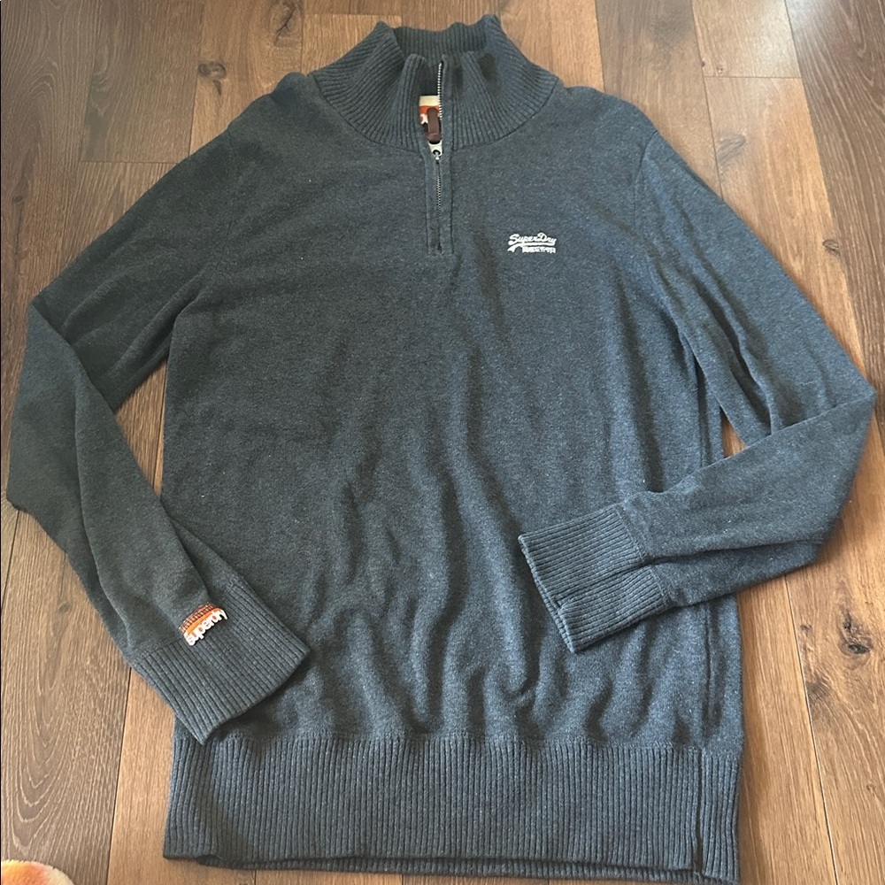 Superdry 1/4 Zip Sweater. Mens Gray Long Sleeve Cotton Pullover Mock Neck